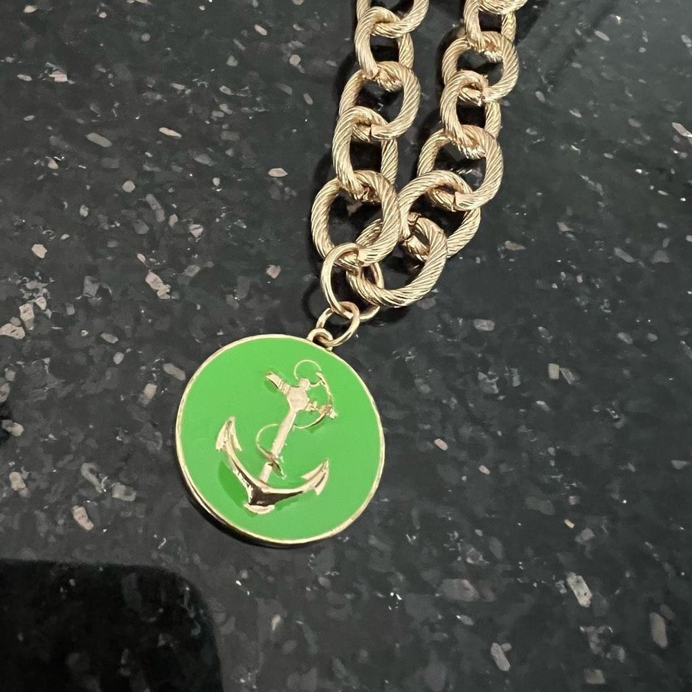 Gold tone chain with green enamel anchor pendant necklace - Picture 6 of 11
